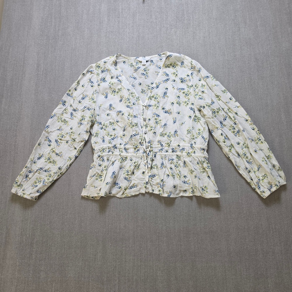Time and Tru Peplum Top Women Large L 12-14 White Floral Button Front V-Neck